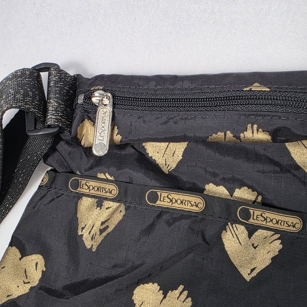 Vintage LeSportsac Black Razzmatazz Gold Hearts Deluxe Easy Carry Tote NEW - Picture 4 of 11
